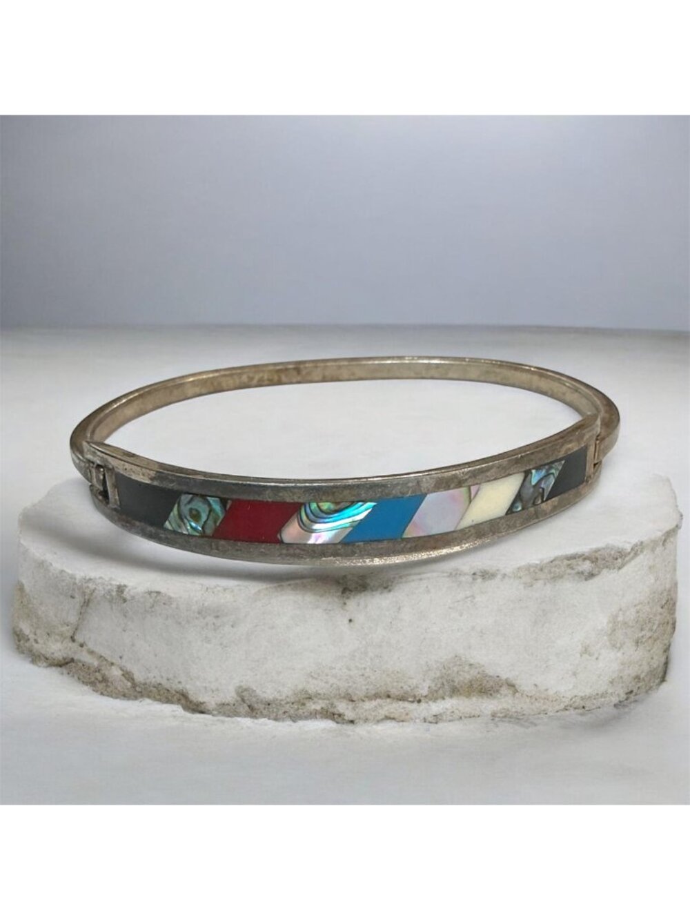 Vintage Sterling Silver Mexican Inlay Bangle Bracelet With Multicolor Abalone